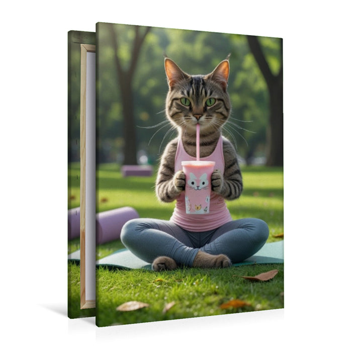 Premium Textil-Leinwand Yoga-Katze mit Smoothie – witziges Katzenbild für Sportfans