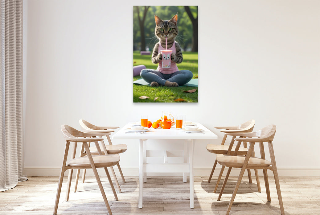 Premium Textil-Leinwand Yoga-Katze mit Smoothie – witziges Katzenbild für Sportfans