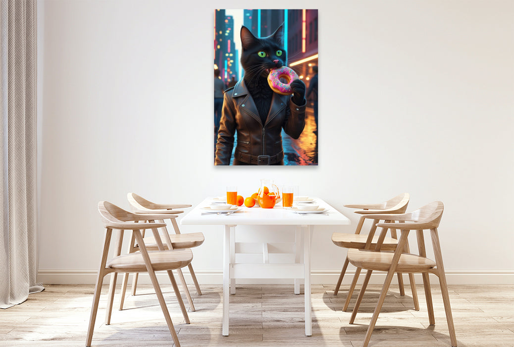 Premium Textil-Leinwand Coole schwarze Katze mit Donut – urbanes Katzenbild für Trendsetter