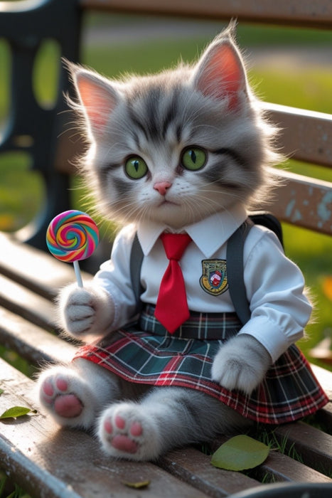 Premium Textil-Leinwand Kleine Schulkatze mit Lolli – niedliches Katzenbild mit Schuluniform