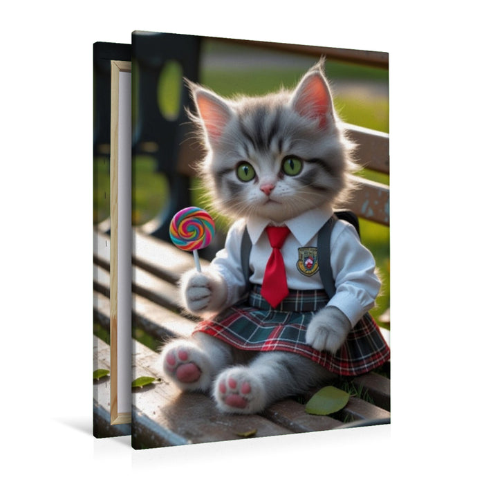 Premium Textil-Leinwand Kleine Schulkatze mit Lolli – niedliches Katzenbild mit Schuluniform