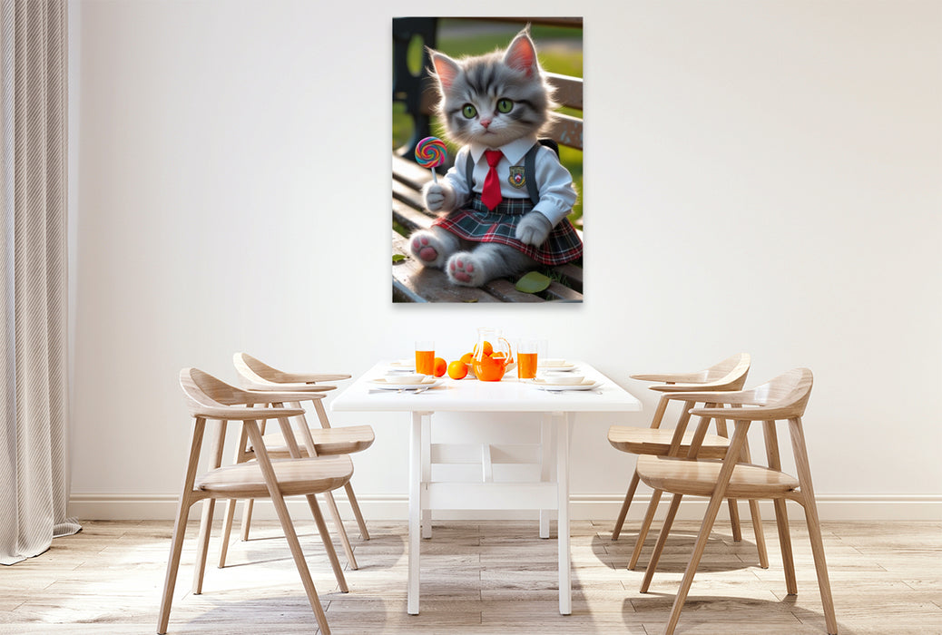 Premium Textil-Leinwand Kleine Schulkatze mit Lolli – niedliches Katzenbild mit Schuluniform