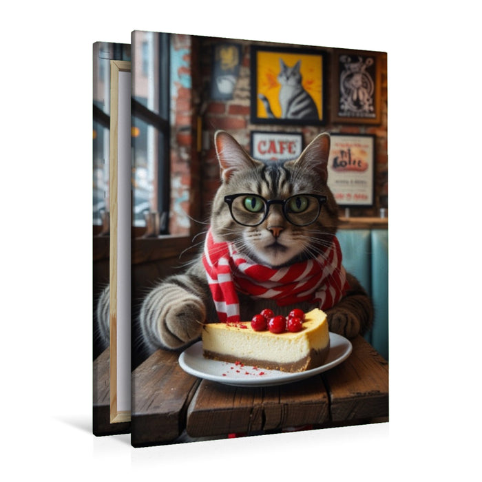 Premium Textil-Leinwand Café-Katze mit Brille und Kuchen – witziges Katzenbild im Hipster-Stil