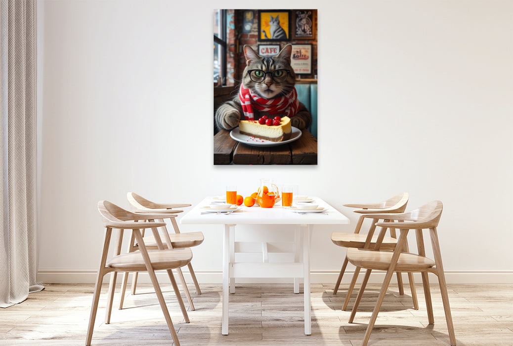 Premium Textil-Leinwand Café-Katze mit Brille und Kuchen – witziges Katzenbild im Hipster-Stil