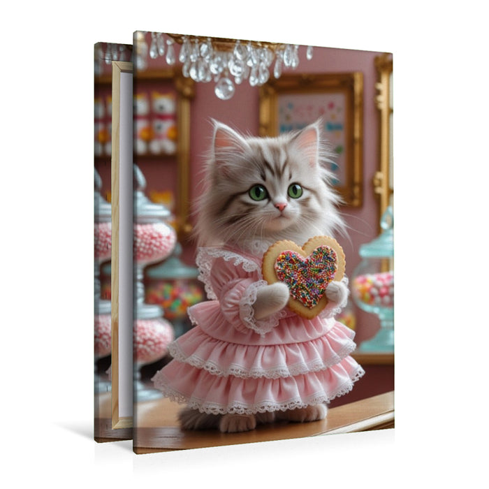 Premium Textil-Leinwand Katzenbaby mit Rüschenkleid im Bonbonparadies