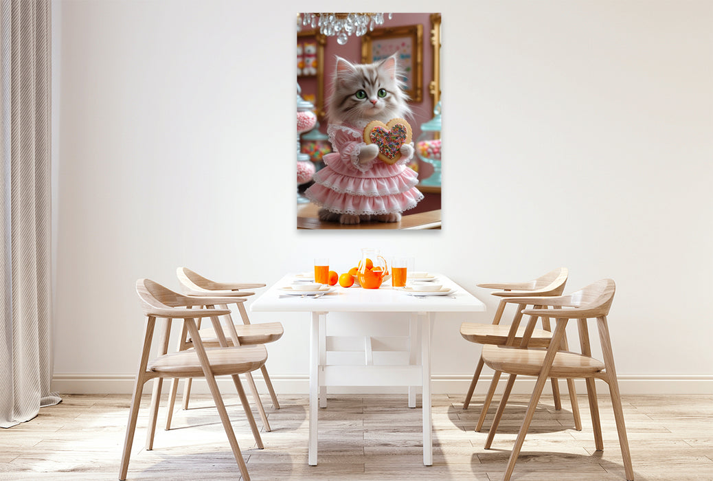 Premium Textil-Leinwand Katzenbaby mit Rüschenkleid im Bonbonparadies