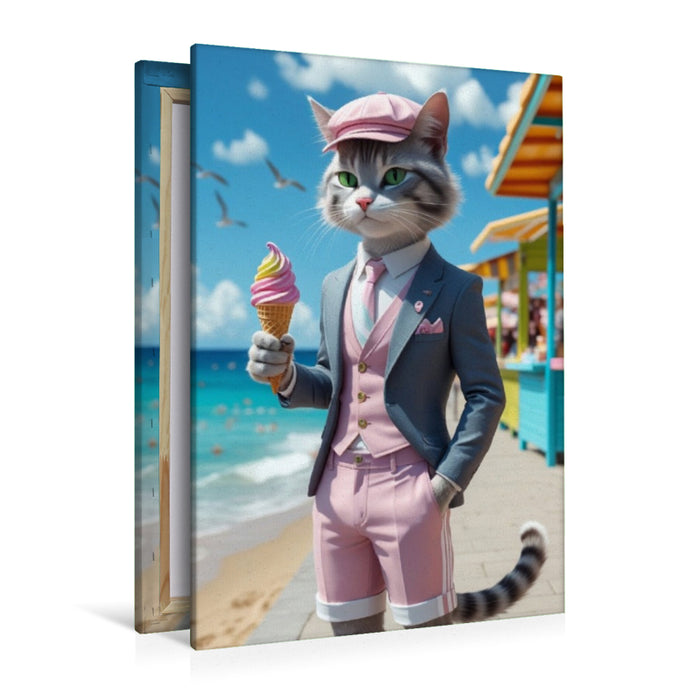 Premium Textil-Leinwand Kater mit Eis im Sommeranzug – stilvolles Katzenmotiv am Strand