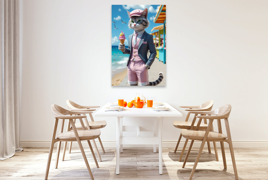 Premium Textil-Leinwand Kater mit Eis im Sommeranzug – stilvolles Katzenmotiv am Strand