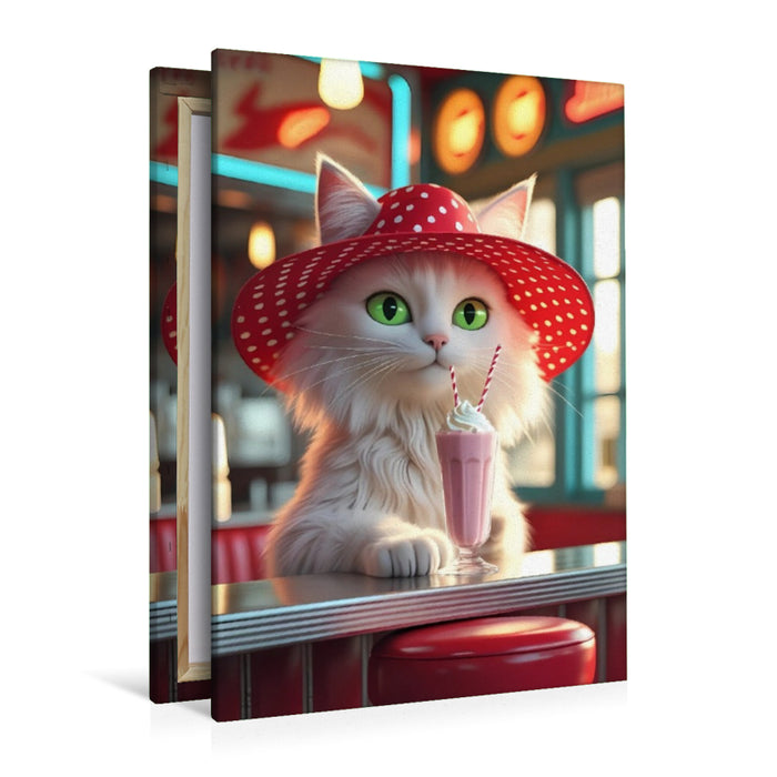 Premium Textil-Leinwand Katzen-Diva im Diner mit Milchshake – lustiges Retro-Motiv für Katzenfreunde