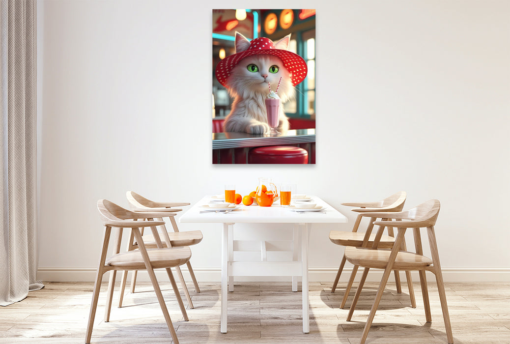 Premium Textil-Leinwand Katzen-Diva im Diner mit Milchshake – lustiges Retro-Motiv für Katzenfreunde