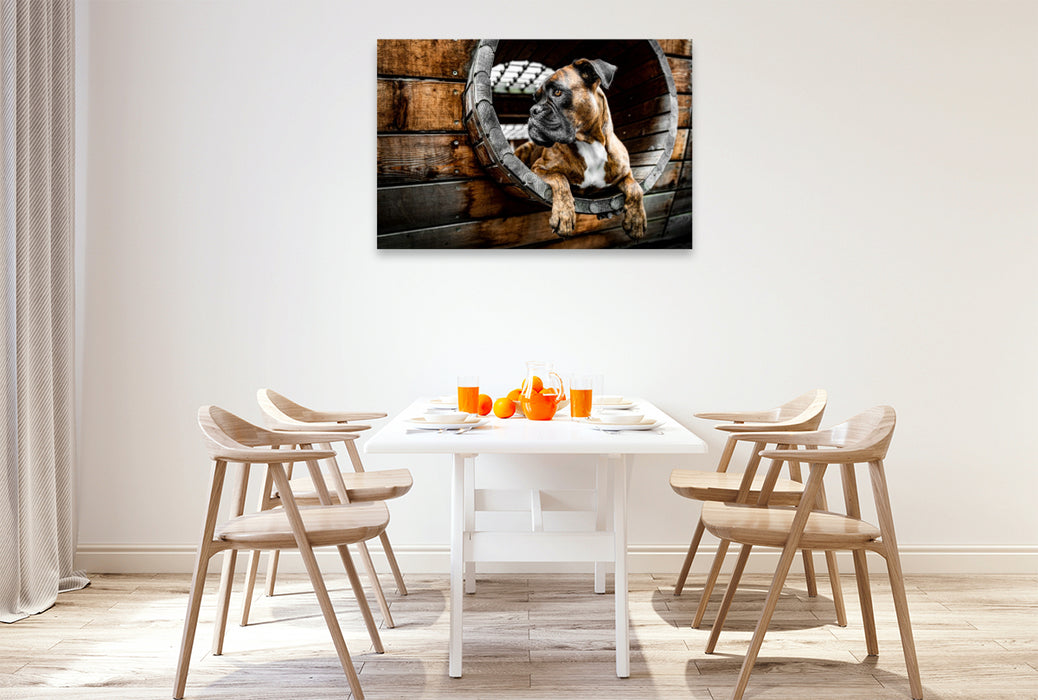 Premium Textil-Leinwand Holz, Stahl und Boxerblick