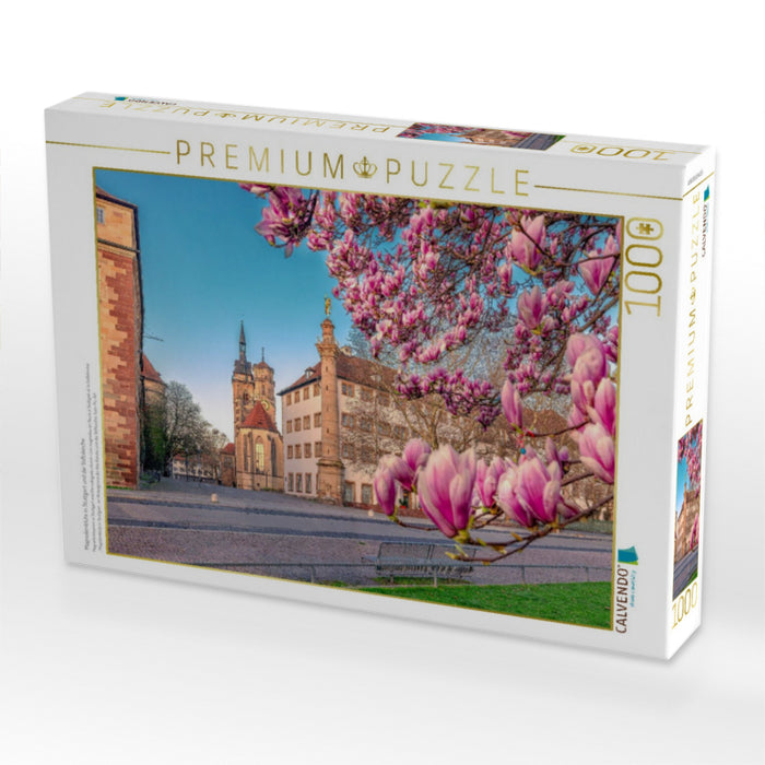 Magnolienblüte in Stuttgart und die Stiftskirche - CALVENDO Foto-Puzzle'