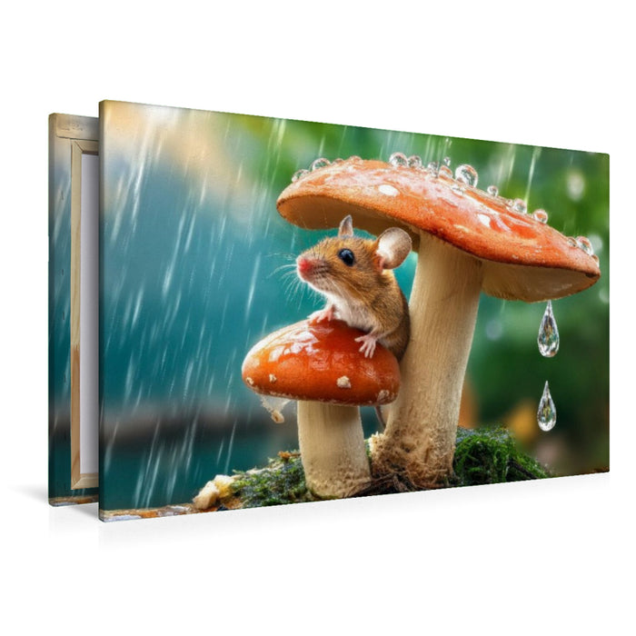 Premium Textil-Leinwand Fantastisch - ein Stuhl im Regen mit einem Regenschirm