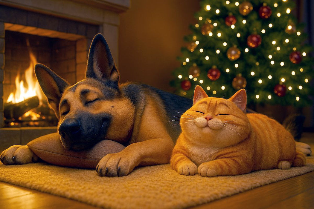 Premium Textil-Leinwand Weihnachtsentspannung - Schäferhund und Katze am Kamin