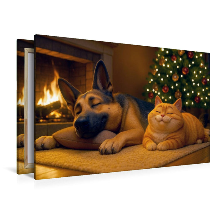 Premium Textil-Leinwand Weihnachtsentspannung - Schäferhund und Katze am Kamin