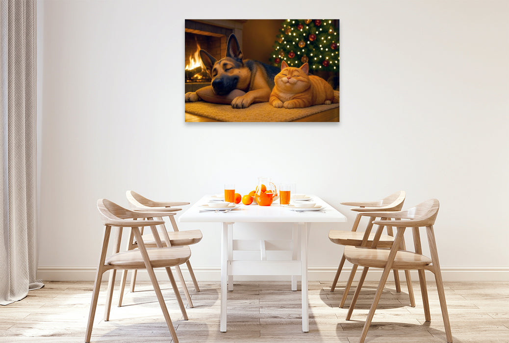 Premium Textil-Leinwand Weihnachtsentspannung - Schäferhund und Katze am Kamin