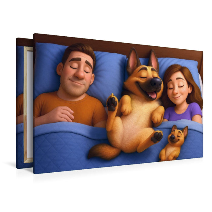 Premium Textil-Leinwand Familienfrieden - Schäferhund schläft im Bett