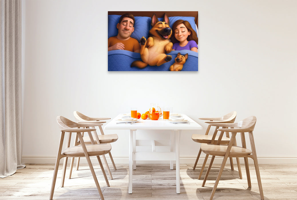 Premium Textil-Leinwand Familienfrieden - Schäferhund schläft im Bett