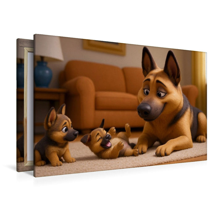 Premium Textil-Leinwand Stolze Schäferhund Mutter mit Welpen