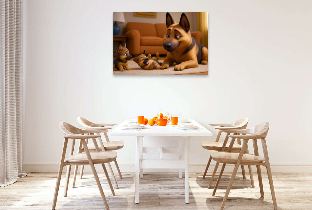 Premium Textil-Leinwand Stolze Schäferhund Mutter mit Welpen