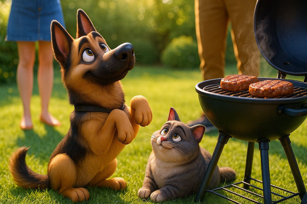 Premium Textil-Leinwand Gibt es was für uns? - Schäferhund und Katze betteln am Grill