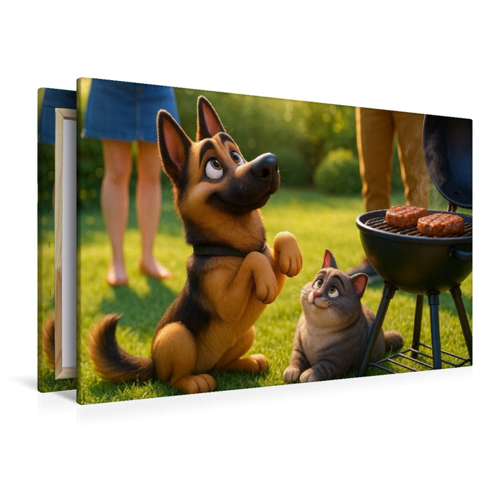 Premium Textil-Leinwand Gibt es was für uns? - Schäferhund und Katze betteln am Grill