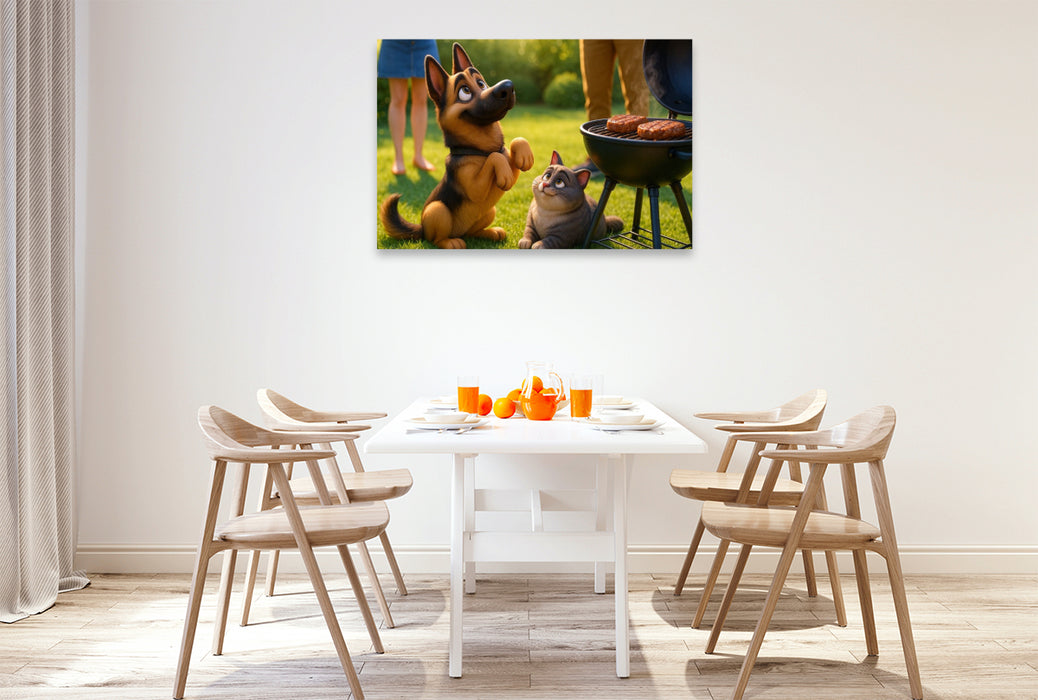Premium Textil-Leinwand Gibt es was für uns? - Schäferhund und Katze betteln am Grill