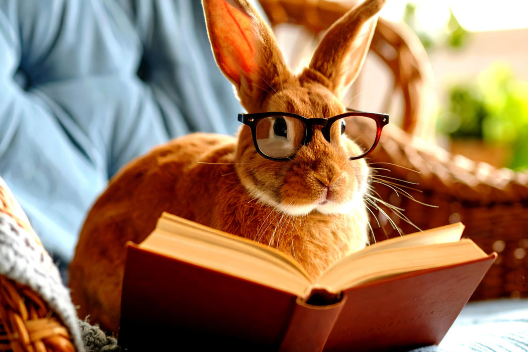 Premium Textil-Leinwand Hase beim lesen