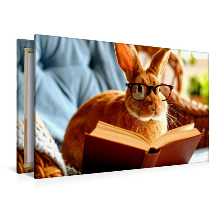 Premium Textil-Leinwand Hase beim lesen