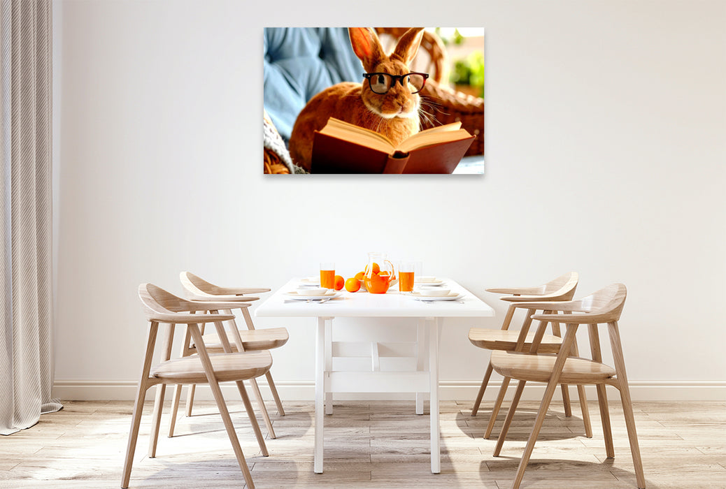 Premium Textil-Leinwand Hase beim lesen
