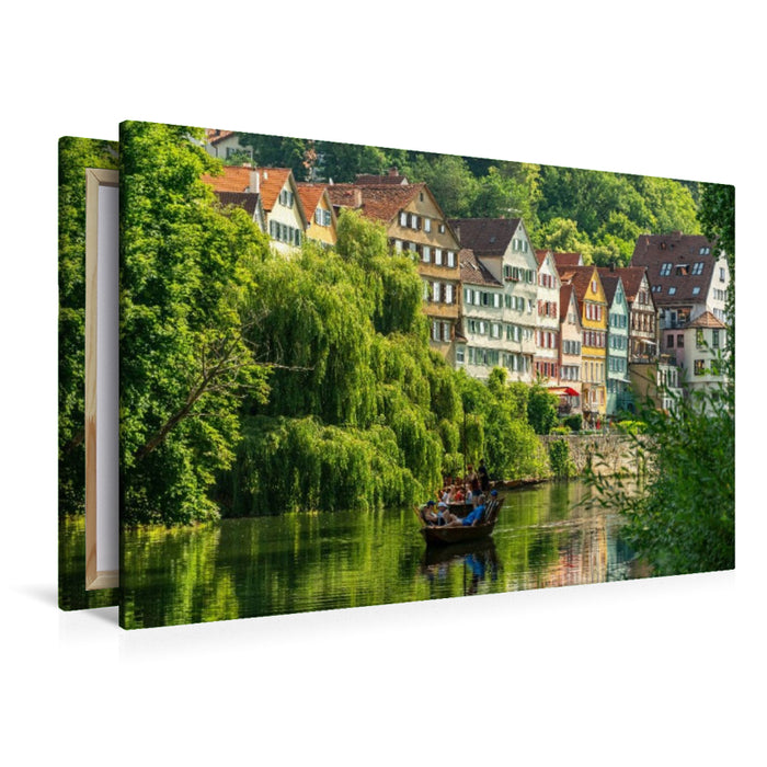 Premium Textil-Leinwand Stocherkahnfahrt vor der historischen Altstadt Tübingens