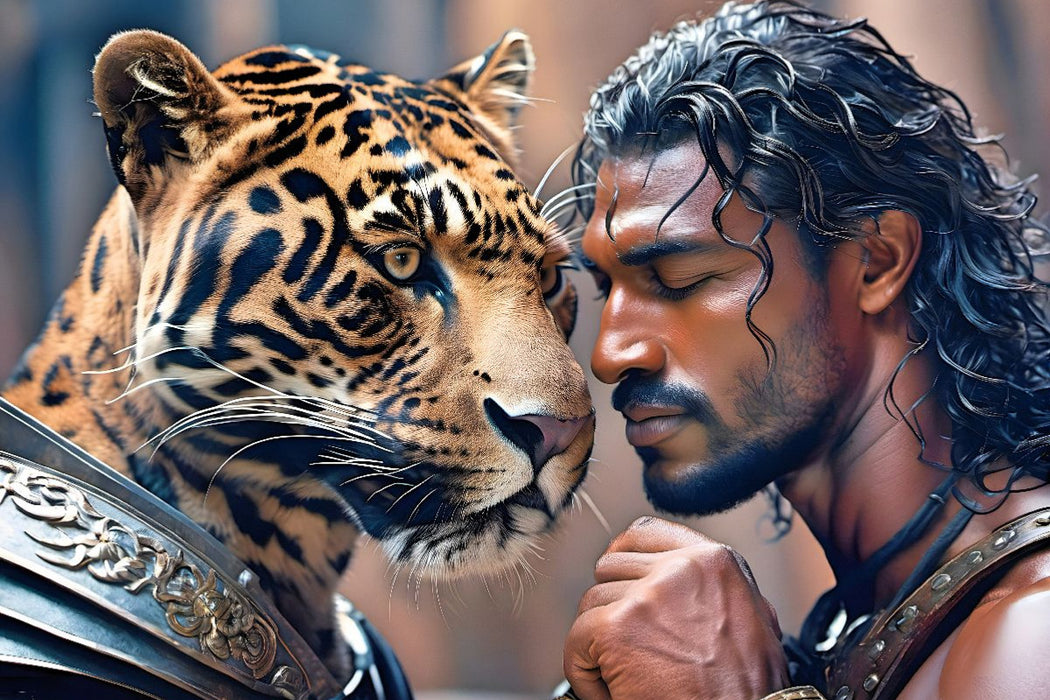 Premium Textil-Leinwand Heroischer Krieger mit mächtigem Jaguar