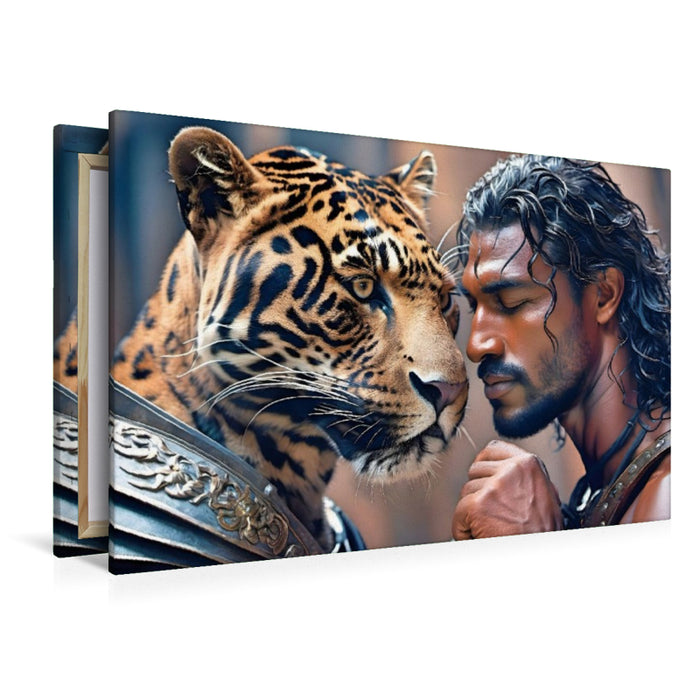 Premium Textil-Leinwand Heroischer Krieger mit mächtigem Jaguar