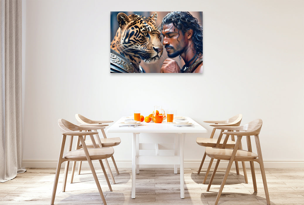 Premium Textil-Leinwand Heroischer Krieger mit mächtigem Jaguar
