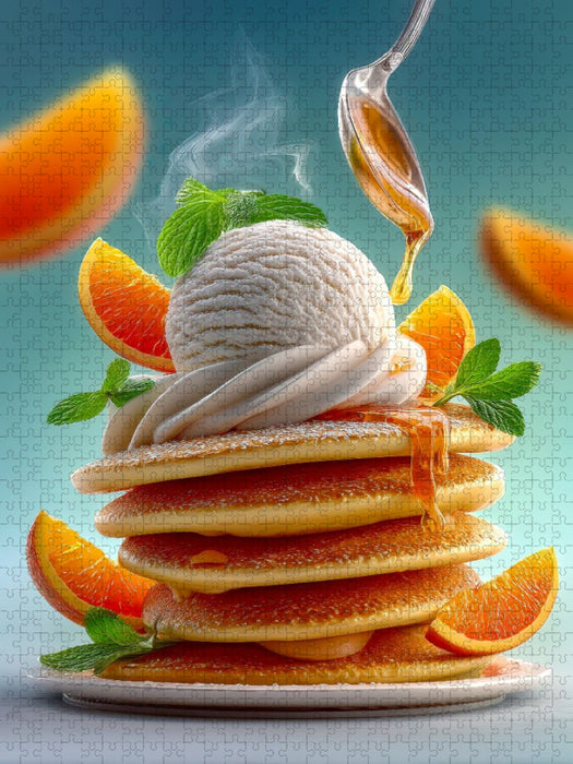 Duftende Pancakes werden verwöhnt von Vanilleeis und goldigem Sirup - CALVENDO Foto-Puzzle'