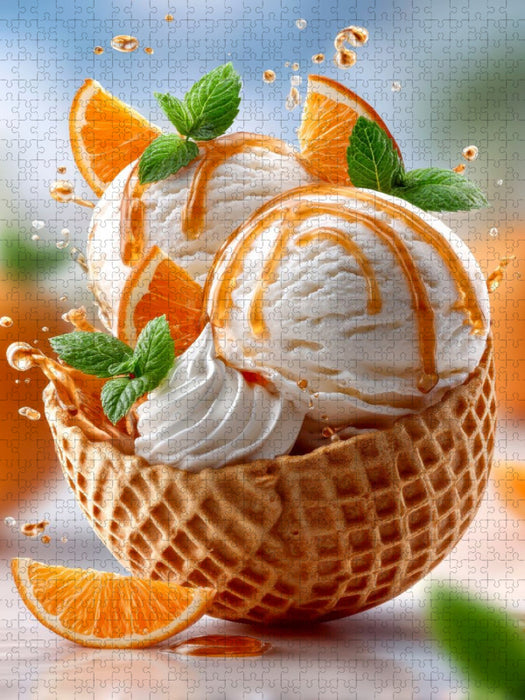 Herrlich verpackt in einer Waffel - Vanilleeis mit Orangen und Orangensirup - CALVENDO Foto-Puzzle'