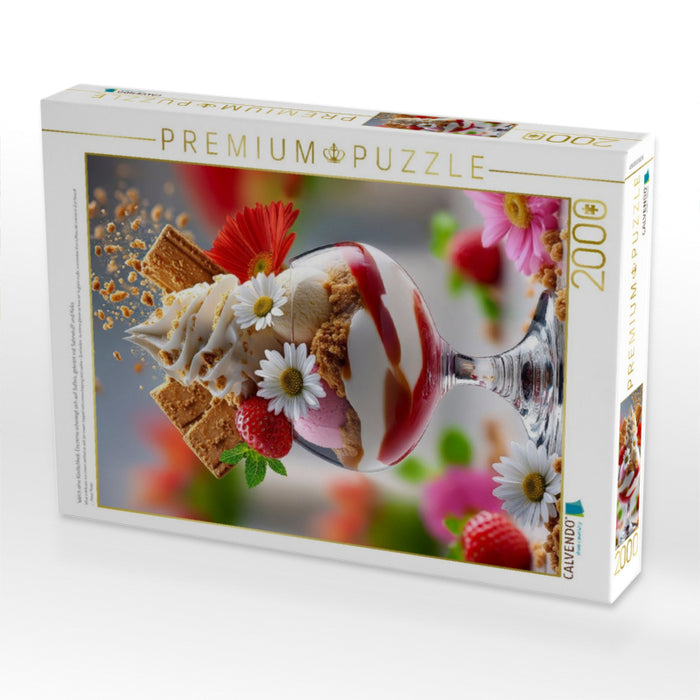 Welch eine Köstlichkeit: Eiscreme schmiegt sich auf Softeis, gekrönt mit Sahnetuff und Keks - CALVENDO Foto-Puzzle'