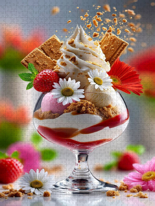 Welch eine Köstlichkeit: Eiscreme schmiegt sich auf Softeis, gekrönt mit Sahnetuff und Keks - CALVENDO Foto-Puzzle'