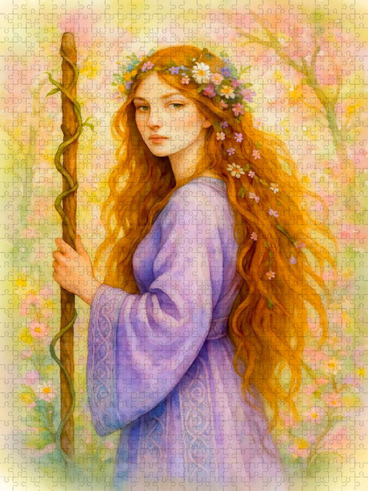 Zarte keltische Druidin mit violettem Kleid und Zauberstab - CALVENDO Foto-Puzzle'
