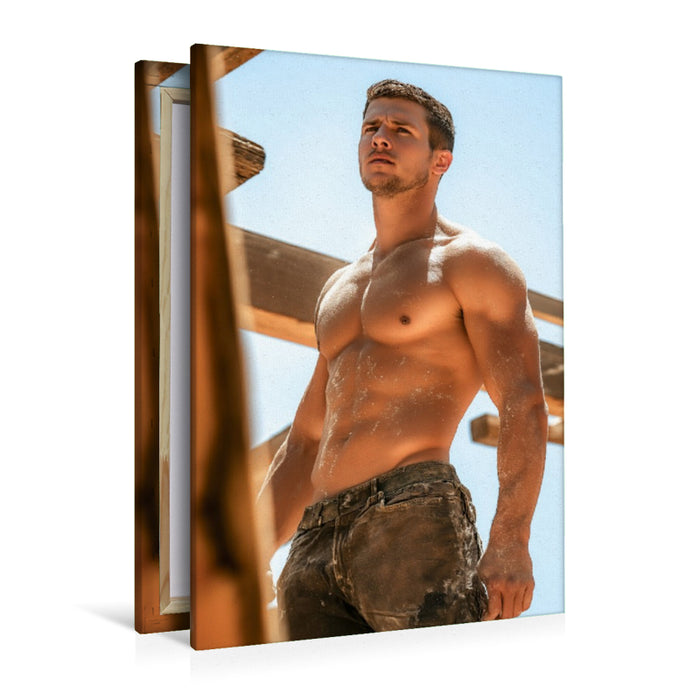 Premium Textil-Leinwand Heißer Bauarbeiter mit staubigem Sixpack auf der Baustelle