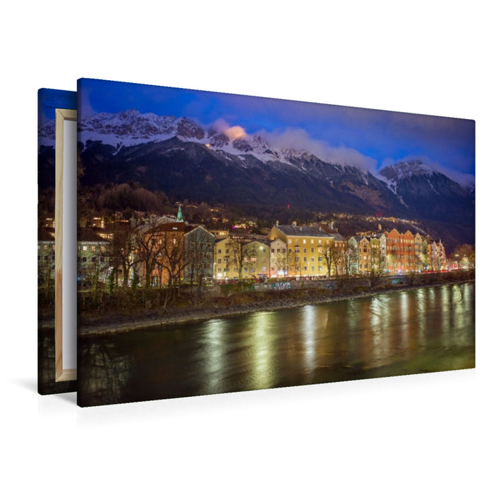 Premium Textil-Leinwand Innsbruck - Nächtlicher Blick über den Inn zur Nordkette