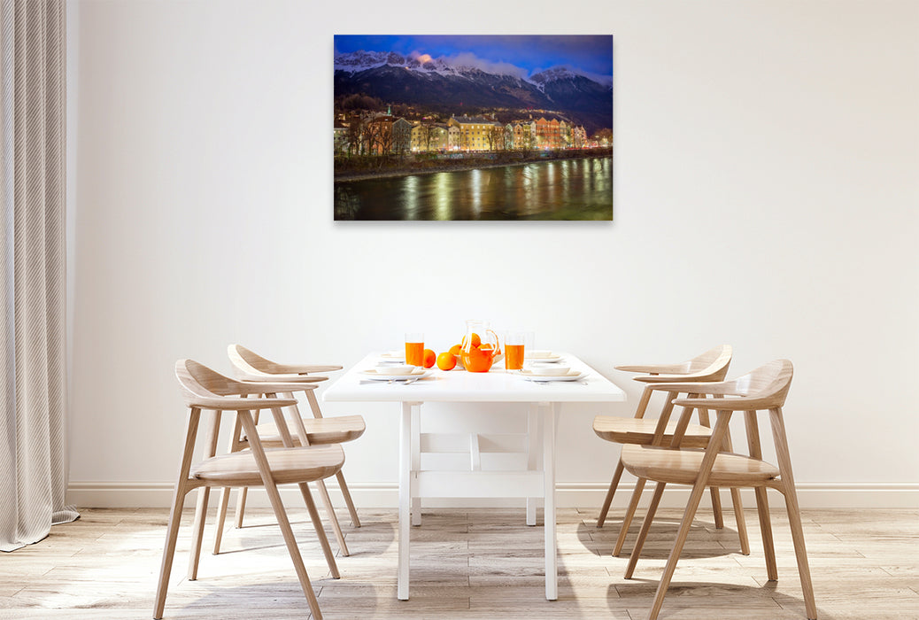 Premium Textil-Leinwand Innsbruck - Nächtlicher Blick über den Inn zur Nordkette