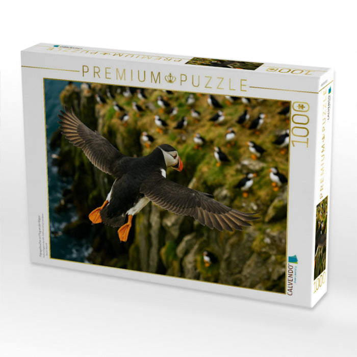 Papageitaucher im Flug an der Klippe - CALVENDO Foto-Puzzle'