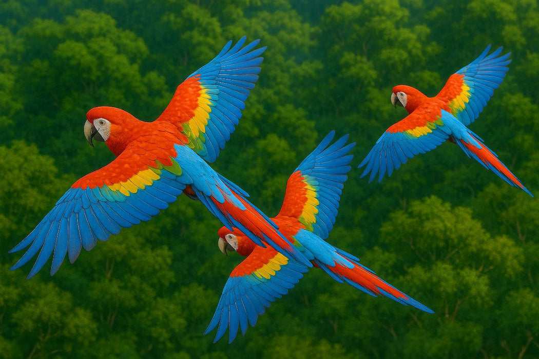 Premium Textil-Leinwand Aras im Flug