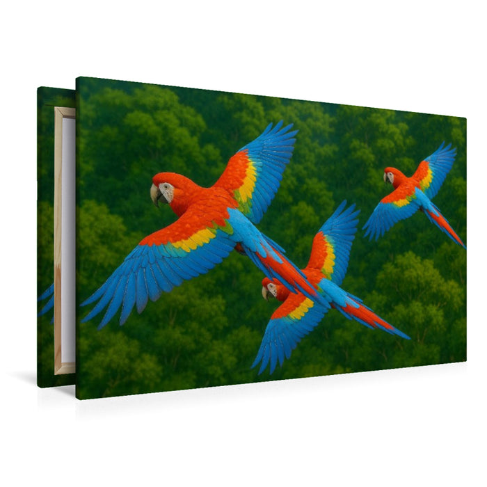 Premium Textil-Leinwand Aras im Flug