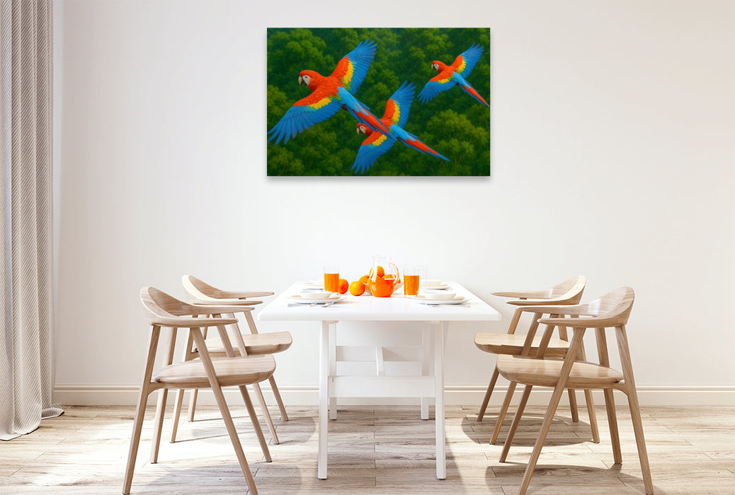 Premium Textil-Leinwand Aras im Flug