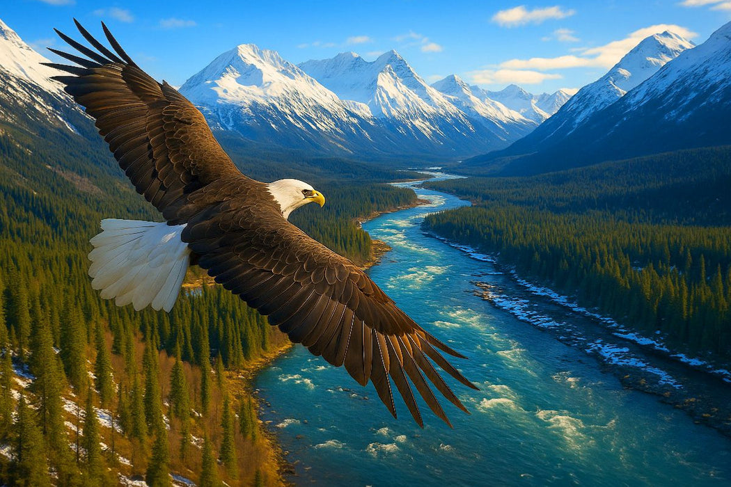Premium Textil-Leinwand Weißkopfseeadler im Flug über dem Fluss
