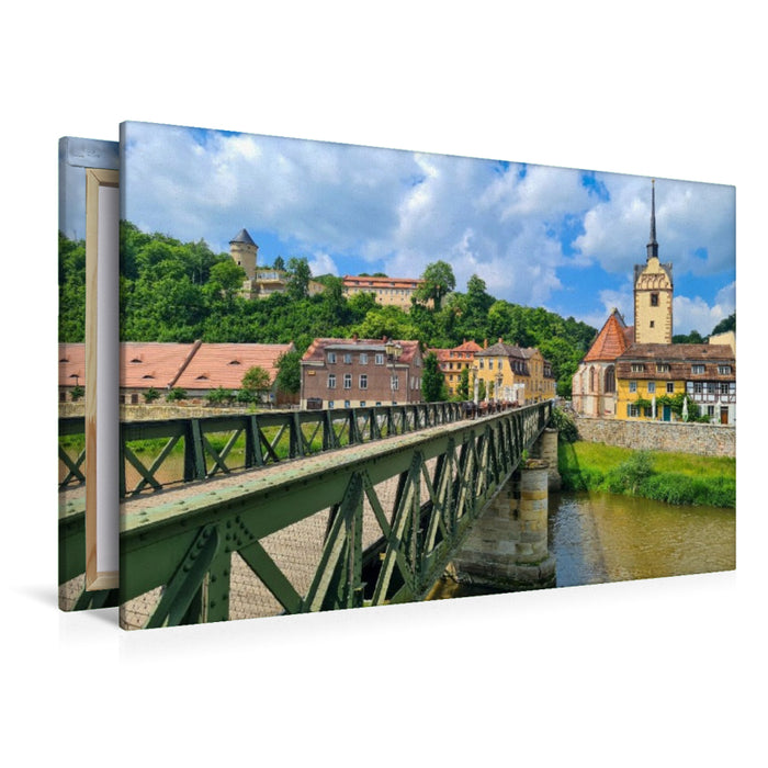 Premium Textil-Leinwand Gera - Untermhäuser Brücke und Blick auf die Schlossruine