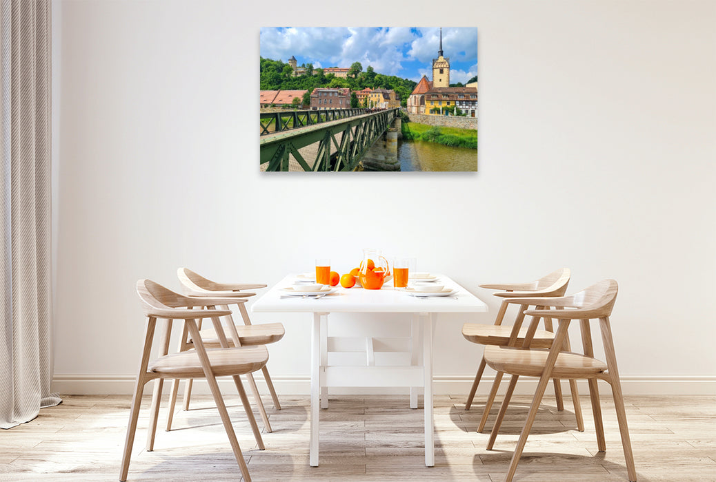 Premium Textil-Leinwand Gera - Untermhäuser Brücke und Blick auf die Schlossruine