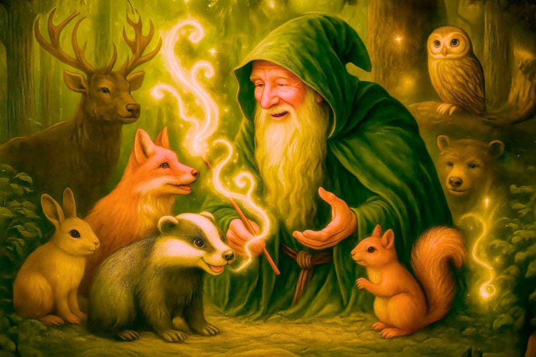 Premium Textil-Leinwand Magier im Einklang mit den Tieren des Waldes